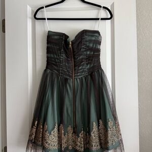 Blondie Nites Strapless Dress in Black and Green with Gold Accents